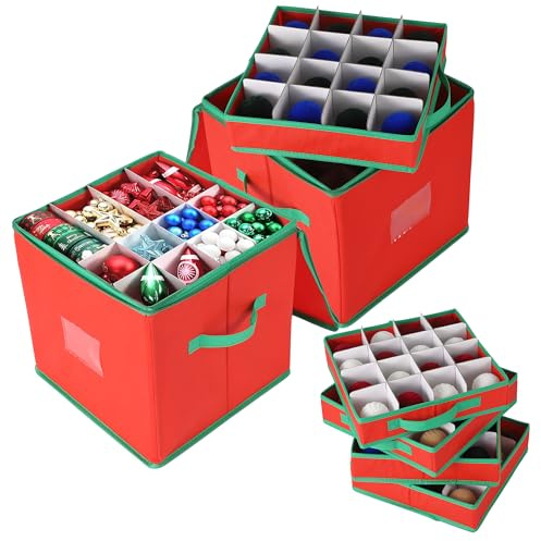 GarveeMore 2er Set Weihnachtsdeko Aufbewahrung, Weihnachtskugel Box Mit Herausnehmbaren Tabletts, Doppel-Reißverschluss, Reißfestem Vliesstoff – Lagert Bis Zu 128 Christbaumkugeln, Rot