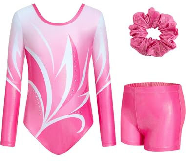 JiAmy Body da ginnastica per ragazze con pantaloncini, a maniche lunghe, per bambini, 3-12 anni, Set Geometria Rosa, 5-6 Years