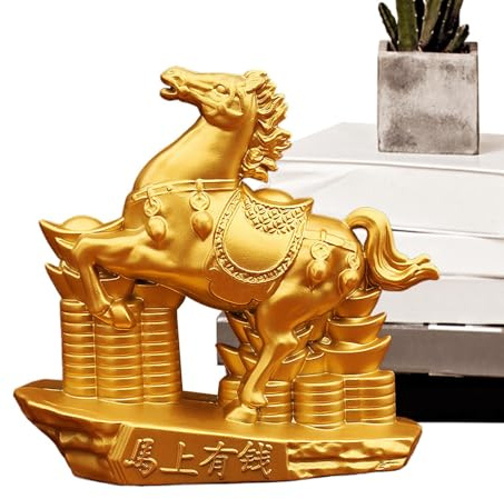 Hästfigurer - 2026 guldskulptur i legering, elegant hemaccent | Häst Bordsskiva prydnad med Fang Shu Charm, för skrivbord Entré Kontor Vardagsrum Badrum Fönster Bil Housewarm