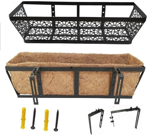 Lawnoval Cesta colgante para flores con soportes ajustables, barandillas y alféizares, caja de ventana de 24 pulgadas con forro de fibra de coco para plantas al aire libre con soporte