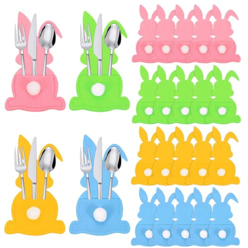 24 Stück Ostern Bestecktasche, Niedlich Ostereier Besteckbeutel, Exquisit Besteckhalter Filz Ostern, Osterdeko Bestecktaschen, für Oster Tischdeko (Farbe-D)