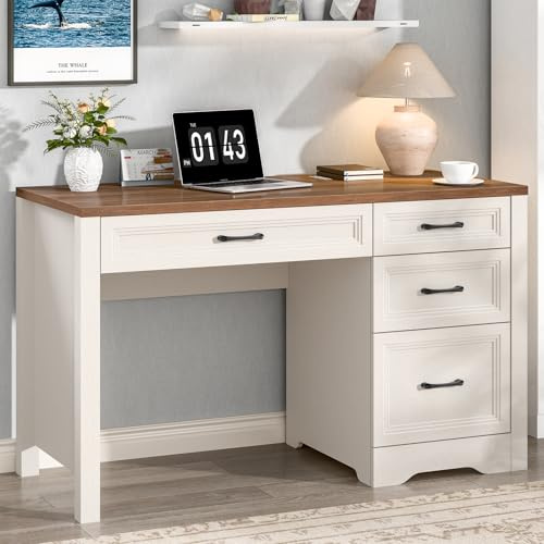 BonVache Schreibtisch mit Schubladen 120 cm, Bauernhaus Computertisch mit Stauraum, Rustikaler Bürotisch aus Holz für Homeoffice, Schlafzimmer und Arbeitszimmer, Weiß | BonVache Rustikaler Bürotisch aus Holz, für Homeoffice, Schlafzimmer und Arbeitszimmer, Weiß