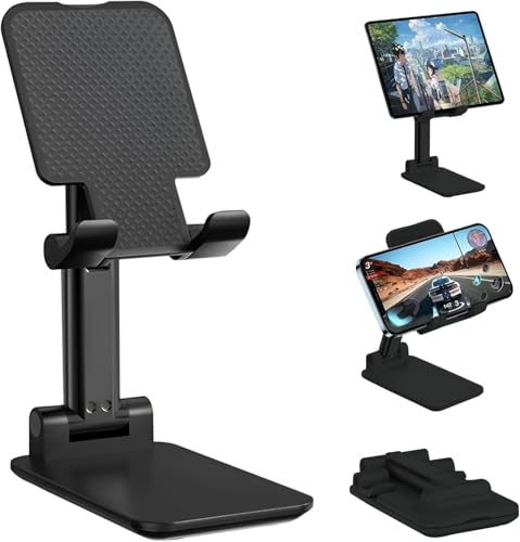 Generico Supporto Regolabile per Smartphone e Tablet da Tavolo, Pieghevole, Universale 4-9,7 Pollici, Base Antiscivolo in Metallo, Nero, per Gaming, Video e Lavoro