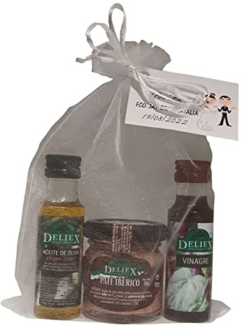 Regalo con miniaturas de Aceite de Oliva y Vinagre junto con un tarrito de paté ibérico en bolsa de organza (Pack 24 ud). Detalle para invitados de boda, bautizos, eventos, etc