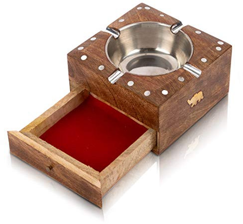 Handcrafted Cigarette Smoking Wooden Ashtray With Compartment For Home Living Room Office Patio Poker Coffee Tabletop For Cigarettes Unique Vintage Decorative Square Indoor Outdoor Ash Holder