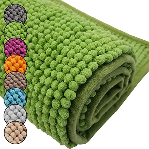 DILUMA Badematte Chenille 50x80 cm Grün Rutschfester Hochflor Badteppich Luxus Wellness Badvorleger Saugfähig und Flauschig