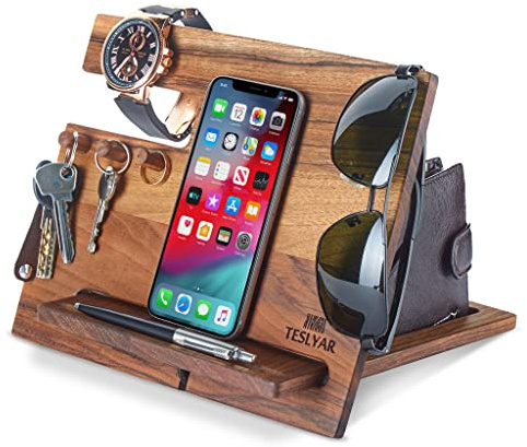 Docking Station in Legno per telefono di noce con ganci Svuota tasche e Porta Orologio Natale Regalo da uomo Supporti organizzator per orologi regalo per marito anniversario papà compleanno (Bronzo)