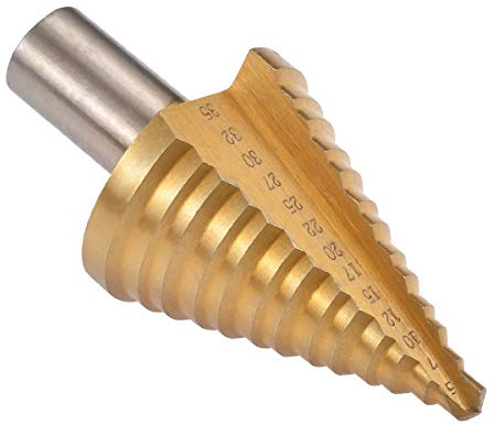 KATUR Classic Titan-Stufenbohrer, großer Titan-HSS-Stufenkegelbohrer, Lochschneidersatz, 2 geriffelte Stufenbohrer mit runder Schaftkante, 5-35mm, 13 Größen (Gold)