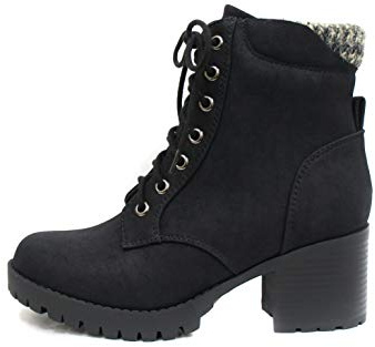 Soda Single Lug Sole Chunky Heel Combat Ankle Boot Lace up w/Side Zipper (Black (Nubuck), 7)