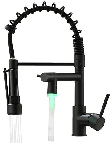 AIMADI LED Wasserhahn Küche Mischbatterien Küchenarmatur mit Brause Ausziehbar Spültischarmatur Spiralfederarmatur Küchenspüle Armatur Schwarz