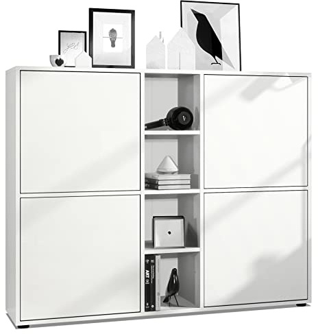 Vladon Highboard Cuba V3, Made in Germany, Weiß matt/Weiß matt - Moderne Anrichte mit 12 Fächern (130,5 x 105,5 x 35,5 cm)