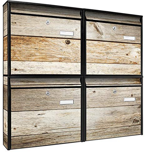 banjado Briefkastenanlage 4 Fach - Postkästen groß - verzinkter Stahl schwarz DIN A4 Motiv Graues Holz - Briefkasten Set 4 Briefkästen Namensschild, 2 Schlüssel, Montagematerial