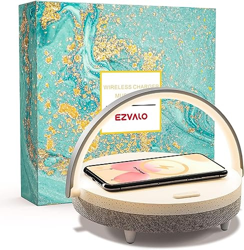 EZVALO LED Night Light, Music Bedside Lamp with Wireless Charger, 4 in 1 Touch Lamp, Portable Bluetooth Speaker, Dimmable Phone Holder, Wireless Charging, Gift