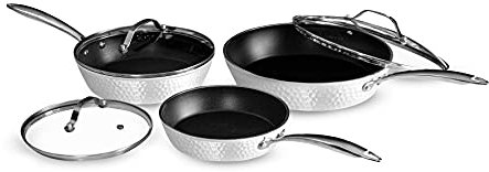OrGREENiC Pentole e padelle in ceramica per cucinare – Set di 6 pentole con coperchi in vetro, design bianco martellato, elegante, leggero e resistente, padelle antiaderenti per tutti i piani cottura,