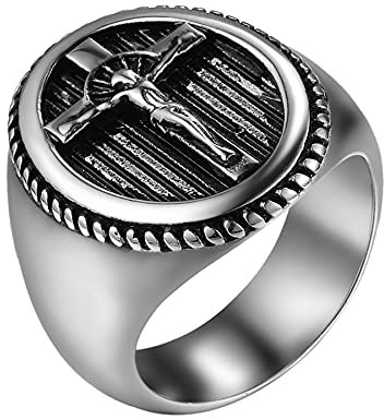 JewelryWe Kreuz Ring Siegelring Herren: Silber Edelstahl Herren-Ring Jesus Christus Kruzifix Fingerring Christlicher Religiöser Kreuzring Band Katholischer Schmuck Geschenk für Männer Größe 74