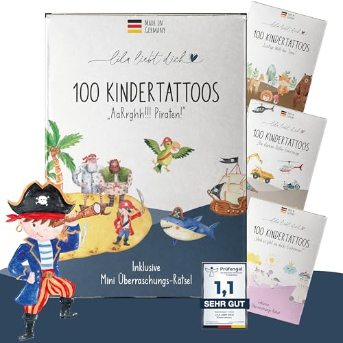 Tattoos für Kinder - Piraten - 100 Stk., hautfreundlich (6 Bögen) | Hautfreundliche Kindertattoos: Made in Germany, dermatest getestet, BHT- & talkumfrei. Tolle temporäre Tattoos.