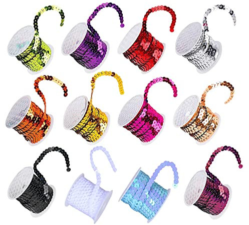 12 Rollen Pailletten Bänder, Paillettenborte PaillettenBand, Farbiges Glitzer Paillettenband für DIY Handwerk, Tanzbekleidungen, Armband, Dekorationen(Dunkel)