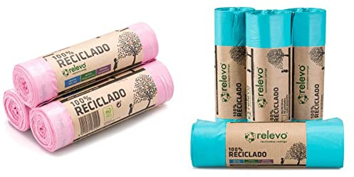 Relevo 100% Reciclado Bolsas Basura Perfumadas, extra resistentes 30 L, 45 bolsas + 100% Reciclado Bolsas de Basura, extra resistentes 20 L, 60 bolsas