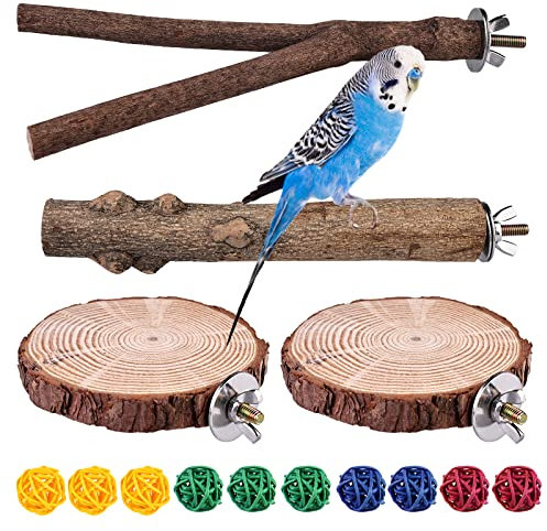 4 Stück Naturholz Sitzstangen für Vögel, Vegena Natur Sitzstangen Set für Wellensittich mit Rattan Kugeln Papageienspielzeug Vogelkäfig Zubehör Vogelspielzeug für Nymphensittich Kanarienvogel