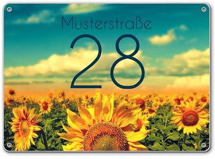 banjado® Hausnummernschild personalisierbar Motiv Sonnenblumen - Hausschild personalisiert Draußen mit Straßennamen möglich - Hausnummernschild Edelstahl versch. Motive - inkl. Montagematerial