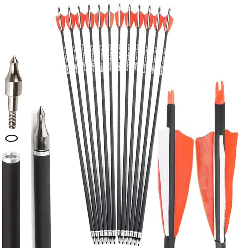SHARROW 32 Zoll Carbon Pfeile für Bogenschießen Spine 500 Kohlenstoffpfeil Jagd Bogen Pfeile Jagdpfeile mit 4 Zoll Natürliche Federn für Pfeil Und Bogen Recurvebogen Compoundbogen