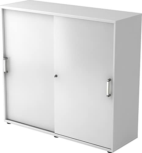 bümö Schiebetürenschrank 3OH - Aktenschrank abschließbar, Sideboard Schrank mit Schiebetüren in Weiss, Chromgriff - Büroschrank aus Holz mit Schiebetür, Büro Kommode für Ordner & Co.