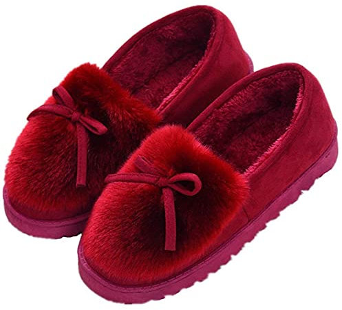 Femme Chaussons Hiver, Maison Faux Fourrure Chaudes Peluche Doux Intérieur extérieur Pantoufles Moccasin - Taille 38 - Couleur Rouge-D