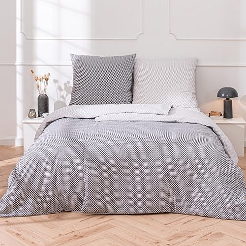 MTOnlinehandel sängkläder 155 x 220 bomull, örngott 80 x 80, smilla vändbara sängkläder silver grå, för tonåringar och vuxna, sovrumsset, dragkedja (155 x 220 cm)