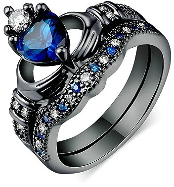 JewelryWe Anillo de Mujer, Anillo de Diamantes, Anillo de Compromiso de Pareja, Anillo clásico de Corona de Corazón Ahuecado a Mano, Circonita Cúbica Azul 2 Apilados, Hipoalergénico