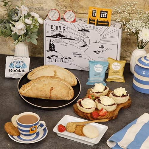 The Cornish Hamper Pasty Cream Tea Hamper 2 Person Gift Fresh Scones, Tea, Jam, Roddas Clotted Cream, 2x Large Gourmet Cornish Pasties, Elegant Packaging, Birthday, Anniversary Special Occasions