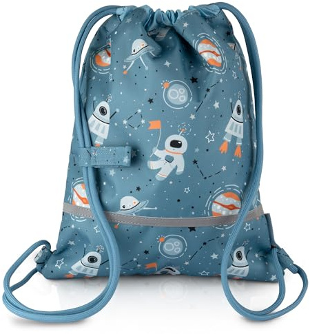 TA Trend Atelier Bolsa de gimnasia infantil en poliéster reciclado – repelente al agua, sin PFC, con tiras reflectantes y correa de pecho (Espacio-Azul)