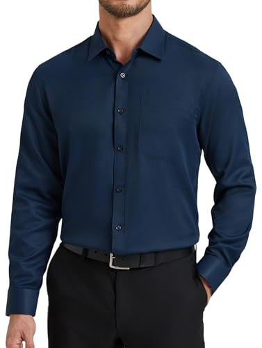 HISDERN Camicia Uomo Elegante Camicie Blu Navy da Uomo Manica Lunga di Cotone con Taschino Bottoni Regular Fit Formale Tinta Unita Casual 3XL