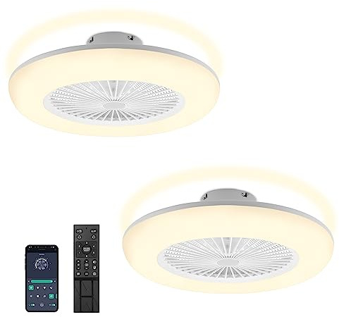 Daromigo 2 x Ventilatore da soffitto da 80 W con illuminazione e telecomando, WLAN, Ø 55 cm, 6 velocità, dimmerabile, timer, funzionamento estivo invernale per camera da letto, soggiorno