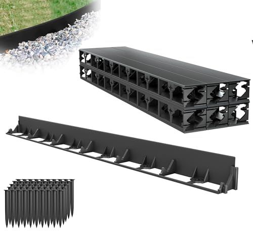 XMTECH Flexible Rasenkante Kunststoff 12m X 78mm mit 50 Erdankern Schwarz | Strapazierfähiges PP, wetterfest, flexibel verlegbar, saubere Beetabgrenzung, geeignet für Gartenwege und Pflanzflächen