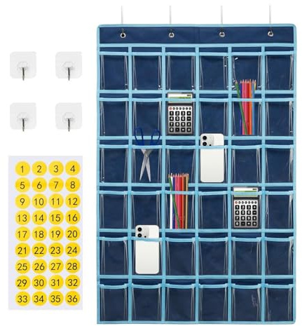 Klassenzimmer-Taschendiagramm-Organizer, 36 Fächer, Aufbewahrungstasche zum Aufhängen, transparenter Organizer für Handy, Klassenzimmer, Büro, Visitenkartenhalter mit Zahlenaufklebern und Haken