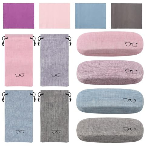 4 Pièces Étui à Lunettes en Toile Lin Rigide, Sac Portable avec Chiffon pour Femmes et Hommes, Protection contre la Myopie