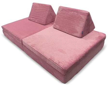 Bruni Leksoffa för barn i rosa – stor XXL-soffa för barnrum, bäddsoffa med avtagbart, fluffigt manchesteröverdrag, utvecklad i Österrike