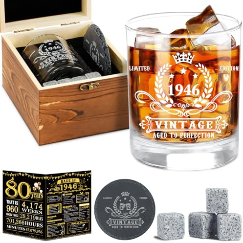 Amosking Ensemble de verres à whisky vintage de 1945 pour homme, boîte en bois, pierres à whisky et affiche de 1945, idée cadeau d'anniversaire pour lui, mari, papa