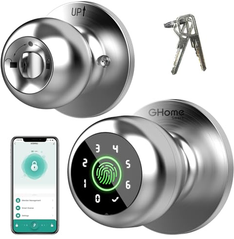 GHome Smart Fingerprint Door Lock, 4 in 1 Smart Fingerprint Door Knob with Keypad, App Control, Auto Lock, Biometric Door Knob with Lock for Bedroom, Apartment, Garage, Home & Office