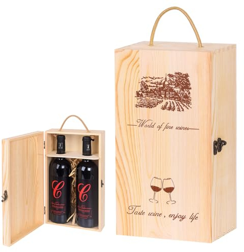 CNZOOEJIA 1 Premium Wooden Wine Gift Box for 2 Bottles - Elegant Rope Handle, Reusable & Sturdy Case for Weddings, Parties, Housewarming Gifts (Double Bottle)