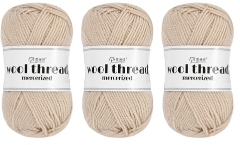 Rebower Wool Yarn,100% Wool Soft Knitting Yarn [for Hand DIY Bag Cushion Crocheting Knitting Project Home Decor] -3 Skeins of 150g/5.29oz(Per Skein 50g/109yards)/Beige