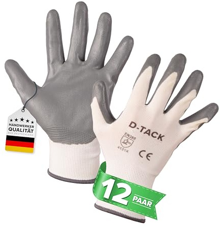D-Tack 12 Paar Arbeitshandschuhe Standard | Hohe Griffigkeit durch Beschichtung | L (9) | Handschuh Herren | Nitril beschichtet | Griffigkeit bei Öl & Fett | Gartenarbeit, Handwerksarbeiten