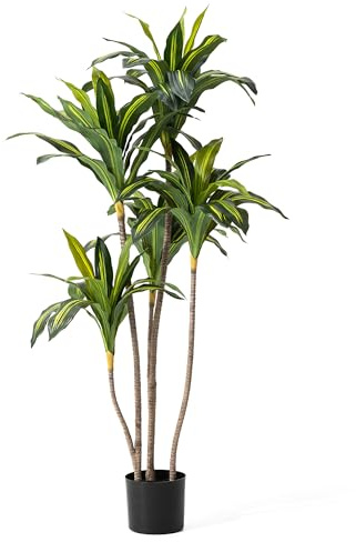 Glitzhome 4.5FT Artificial Dracaena Tree, Tall Potted Faux Plants with Natural Trunk and Realistic Leaves, No Assembly, Floor Plant for Home House Living Room Office Décor