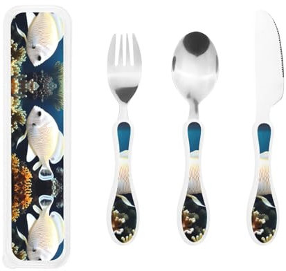 Coltello da bistecca, forchetta e cucchiaio da tavola occidentale da pesce bianco-dorato, set da 3 pezzi in acciaio inossidabile 304 e plastica PP, design per bambini