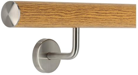 TIBU Handlauf Aluminium Eiche Holz Dekor 30-600cm Wandhandlauf Treppe gewinkelte Edelstahlhalter, Länge 130 cm mit 2 Halter und leicht gewölbte Kappe