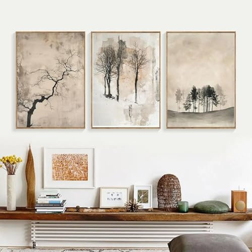 ZHAOLIN Vintage minimalistische Bäume Leinwand Malerei Wandkunst Poster Japandi Wabi Sabi Drucke neutrale Farben Wohnzimmer Wohnkultur 70X100cm (28x39in) X3 Rahmenlos