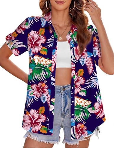 tiorhooe Hawaiian Shirts for Women Tropical Tree Short Sleeve Shirt Button Down Summer Beach Holiday Blouse