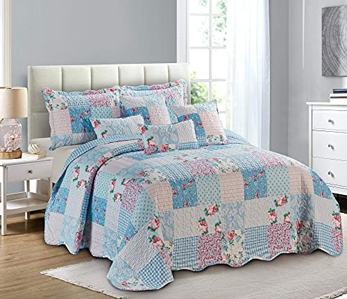 PRIME LINENS Quilted Patchwork Bedspread Bed Throw 3 Piece Bedding Set Includes Comforter 2 Pillow Shams (Floral Blue, King)
