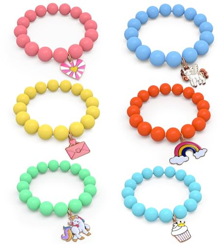 EnchaUnicoMon Toddler Bracelets for Kid, 6Pcs Little Girls Play Jewelry for Party Favors, Cute Unicorn Princess Beaded Bracelet Set 3-8 Age Birthday Gift