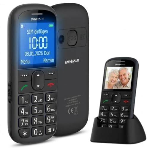 UNIVERSUM W60-C - Seniorenhandy mit großen Tasten & Ladestation, 2G | Notruftaste SOS, Taschenlampe, Lupe, FM-Radio, Bluetooth, USB-C, Freisprechfunktion